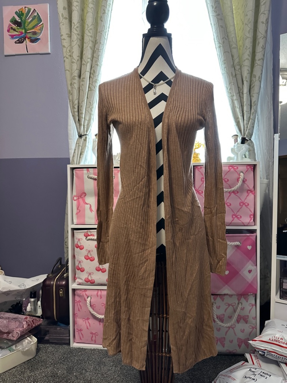 INC International  Long Open-Front Ribbed Cardigan - Camel XS